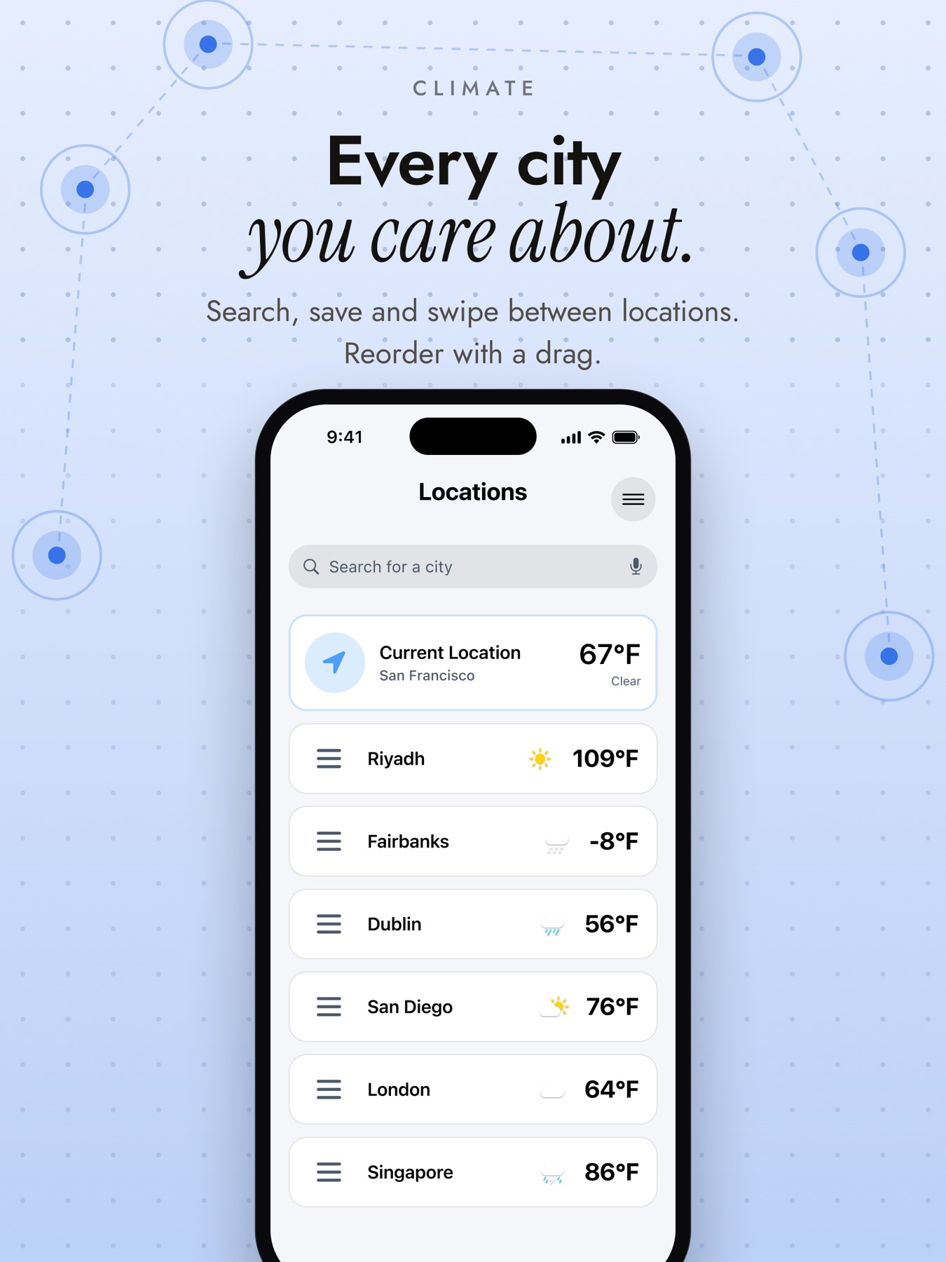 Climate App Store artwork showing saved cities and current-location weather